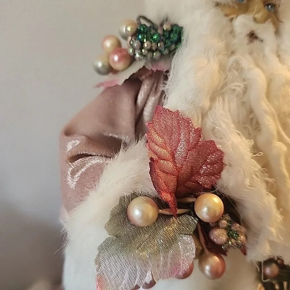 Pink Velvet Santa 13.5” Tree Topper with Birds and Birdcage Fur Floral Vintage